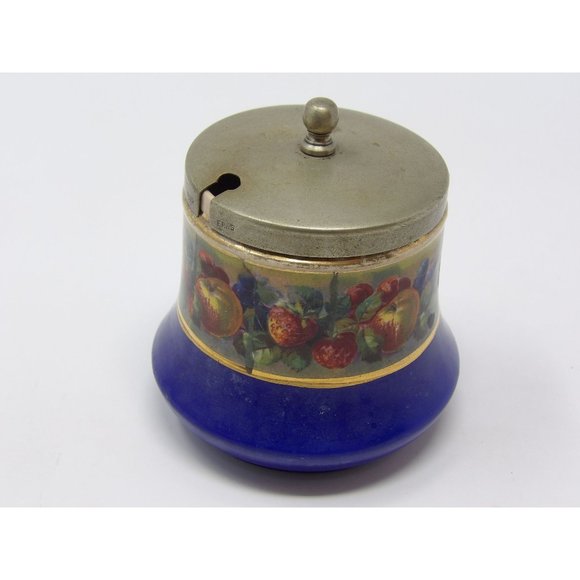 Meir Wade Staffordshire Porcelain Jam Jar Blue with Gold Trim Adorned with Fruit - Picture 3 of 10